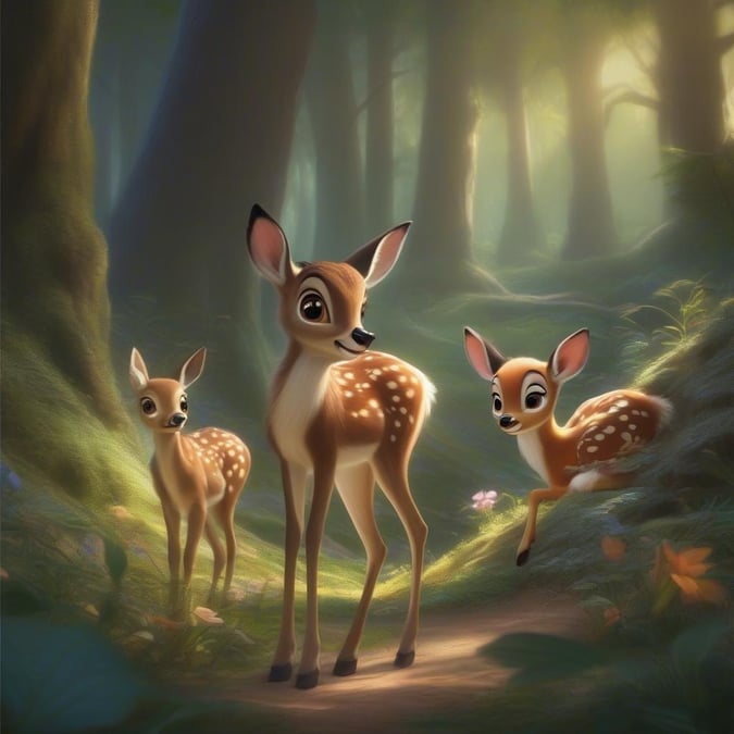 A captivating moment of three fawns from Disney's classic, standing in a forest clearing. The young deer seem to be exploring their enchanting world together.