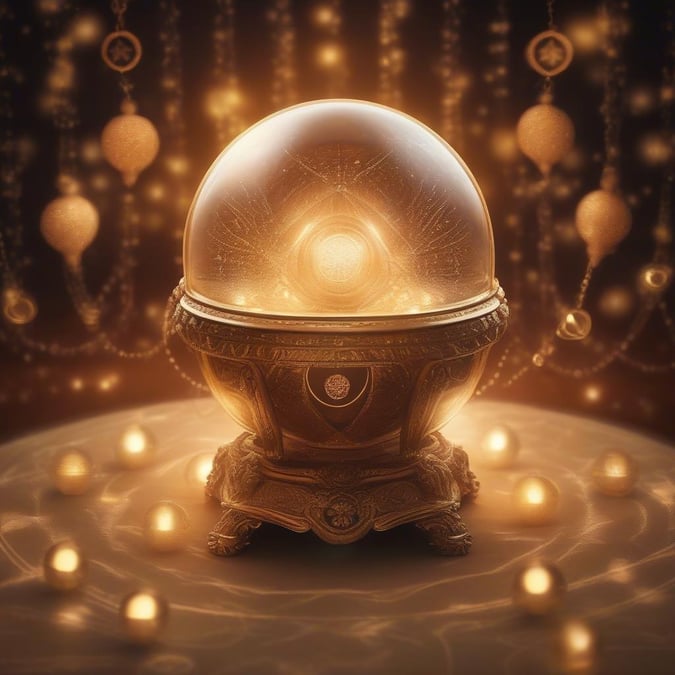 Embrace the enchantment of this mystical carnival oracle. A crystal ball at the heart of a mesmerizing display, bathed in warm glows, waits for your question to reveal hidden wisdom.