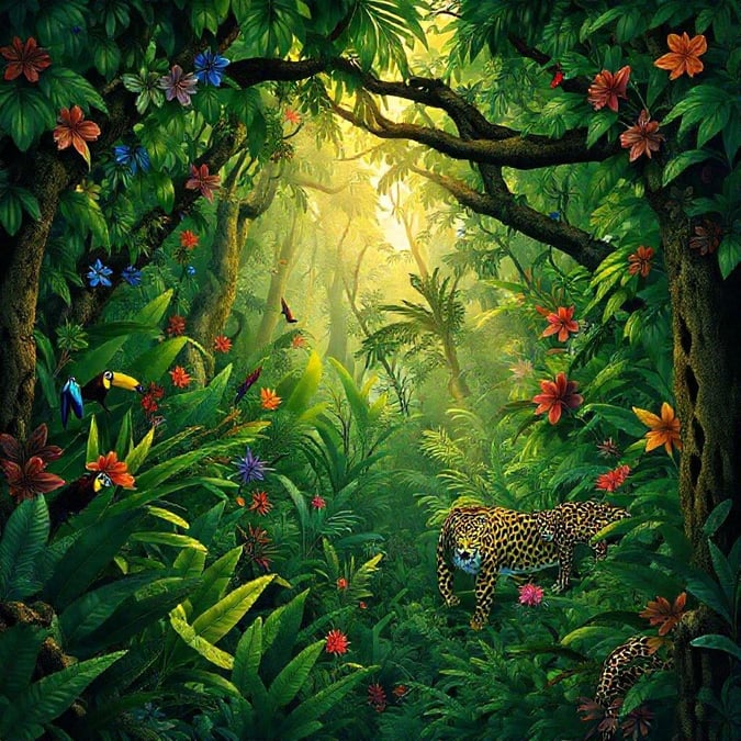 Embark on a vibrant jungle adventure with this captivating wallpaper. Lush greenery surrounds you, while the soft glow of sunlight pierces through the dense canopy above, casting dappled shadows across the scene. A majestic leopard is perched atop the foliage, its gaze fixed on a distant point of interest, perhaps something that sparks curiosity and wonder.