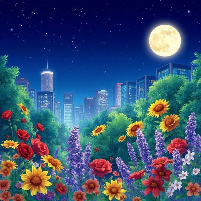 Immerse yourself in the serene beauty of this anime-style illustration, where a vibrant garden under the moonlight harmonizes with the towering cityscape.