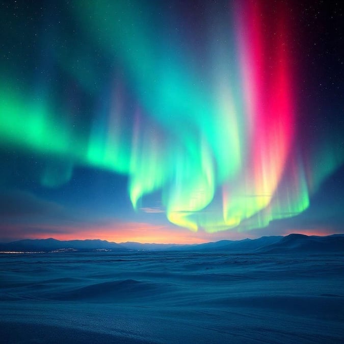 Experience the breathtaking beauty of the northern lights against the backdrop of an expansive Arctic sky, painting a vivid canvas with hues of green and pink.