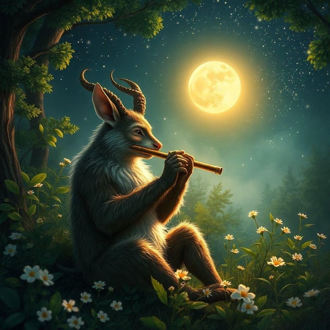 This enchanting scene captures the essence of fantasy, with a whimsical creature playing a magical flute beneath a full moon. The night sky is alive with stars, and the forest floor is adorned with delicate wildflowers.