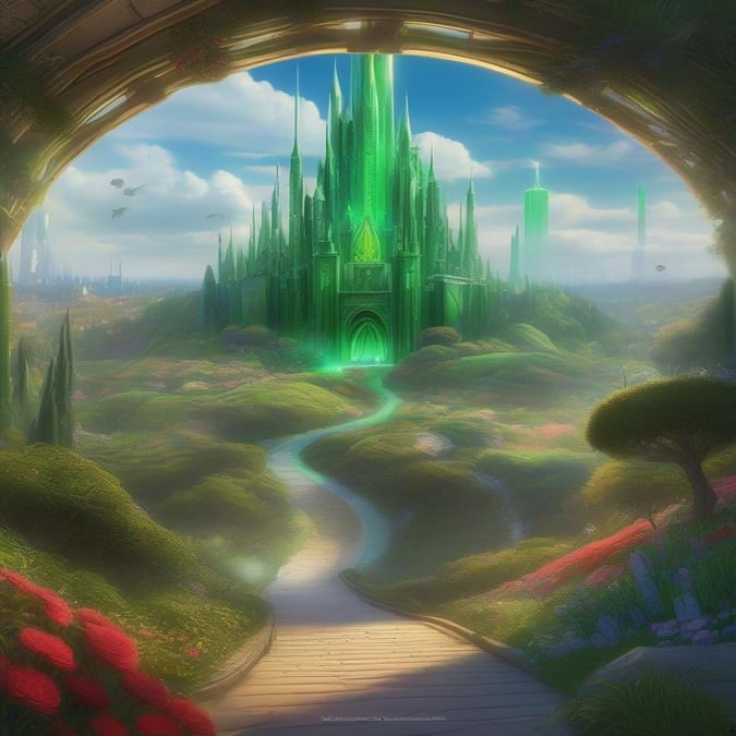 Step into a world of wonder and magic with this stunning fantasy landscape wallpaper. The glowing green castle and lush greenery create a sense of enchantment, while the winding path invites you to explore and discover the secrets of this mystical realm.