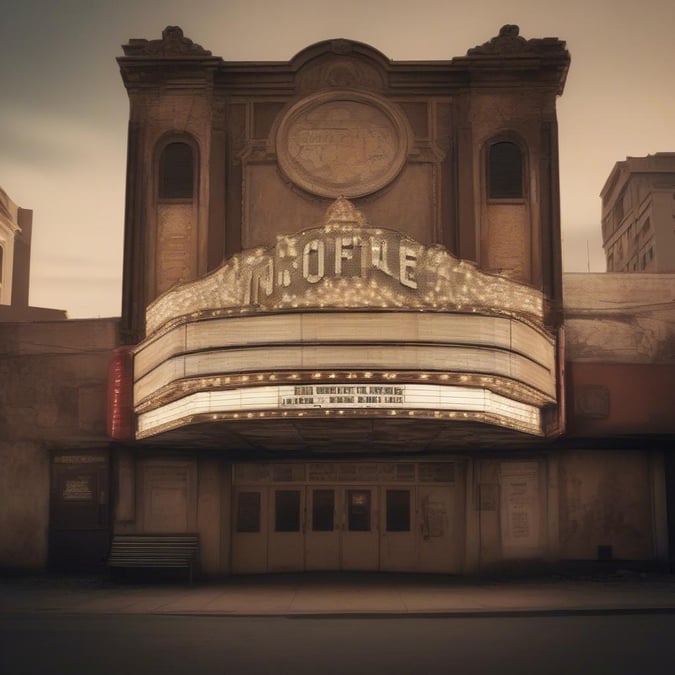 An inviting scene from an earlier era, the marquee glows with the promise of a performance. The classic theater stands tall against a modern city backdrop, its vintage charm alluringly visible through the haze.