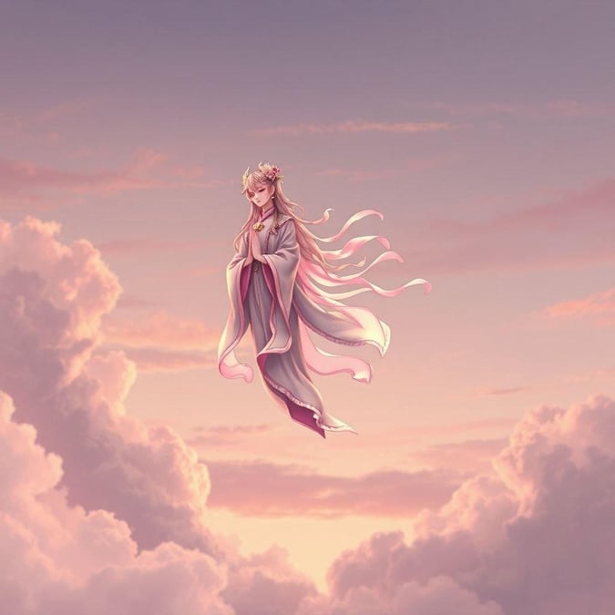 An anime-style wallpaper featuring a tsukumogami with intricate silk and porcelain attire, floating amidst fluffy clouds under a softly lit sky. The image conveys a serene atmosphere with the setting sun casting a gentle glow.