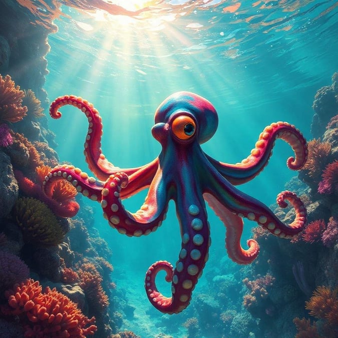 A vibrant octopus amidst a coral reef in the deep blue sea.