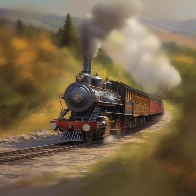 A vintage train chugs along a scenic route, surrounded by lush greenery and majestic mountains.