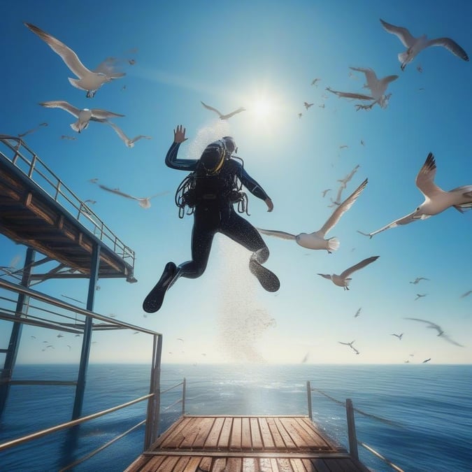 The ultimate sports thrill - diving into the ocean waves. Feel the rush as you jump off a pier and descend beneath the sea surface, surrounded by flocks of seagulls.