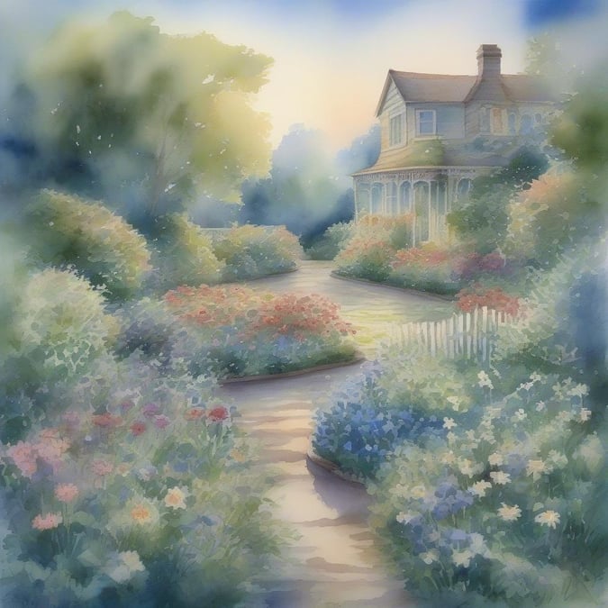 A beautiful and peaceful garden scene with a house in the background, perfect for use as a wallpaper.