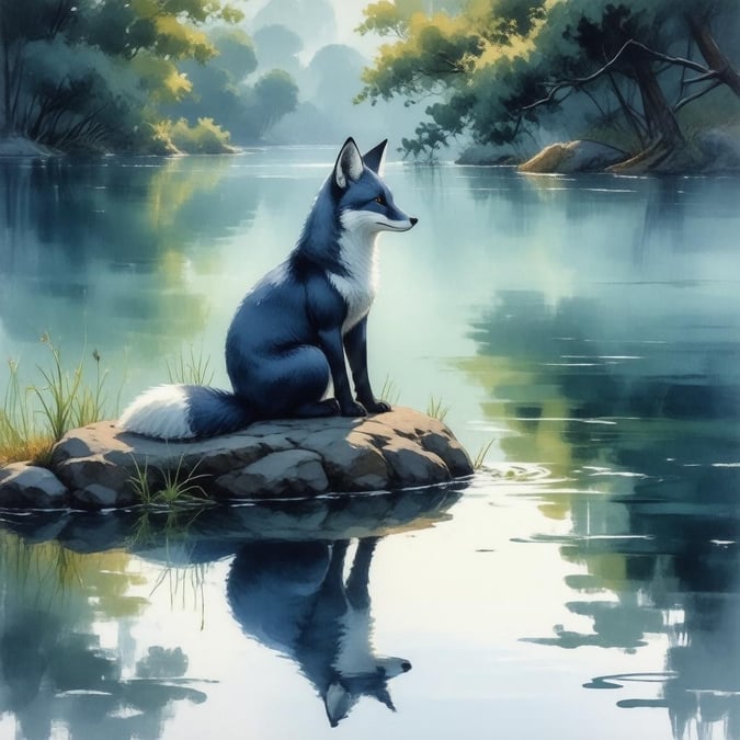 Experience the serene beauty of this anime-style illustration, where a blue and white fox sits on a rock, gazing upon a tranquil lake. The peaceful scene, with its reflection in the water, is a breathtaking sight to behold.