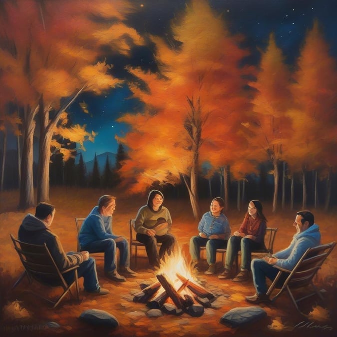 People sitting around campfire on a chilly autumn evening, sharing warmth and stories.