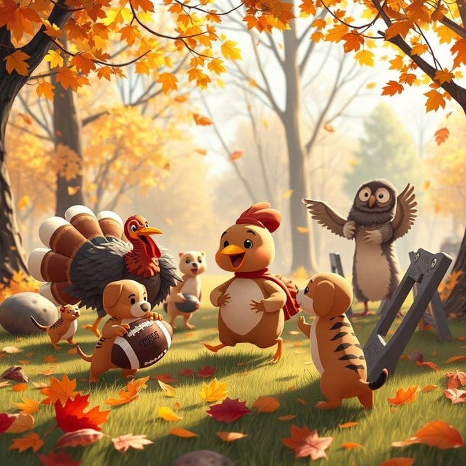 This wallpaper is perfect for the Thanksgiving holiday, featuring a fun and festive scene with a turkey, football, and fall leaves.