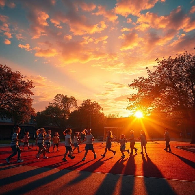 A lively scene of children running after school with the warm sunset in the background.