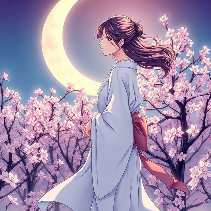 This anime illustration features a serene scene of a woman in a flowing white kimono, standing amidst a field of blooming cherry blossoms, with a crescent moon in the background, creating an enchanting and peaceful atmosphere.