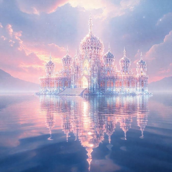 A majestic crystal palace stands tall on the water, bathed in the soft glow of a setting sun. The architectural marvel reflects its surroundings like a mirror, creating an enchanting spectacle that seems to blur reality and fantasy.