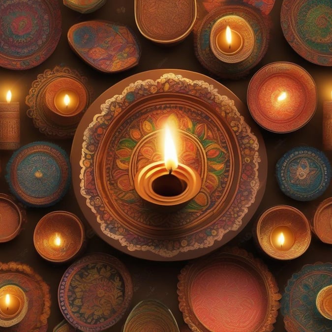 The image showcases the vibrant and joyful atmosphere of the Diwali festival. The array of colorful diyas is an integral part of this cultural celebration, symbolizing the triumph of light over darkness, a common theme in many cultures across India. The diyas are meticulously arranged in various sizes and shapes, creating a mesmerizing pattern that fills the frame with warmth and spiritual significance. It's a festive display that brings the spirit of Diwali to life on any desktop or mobile device.