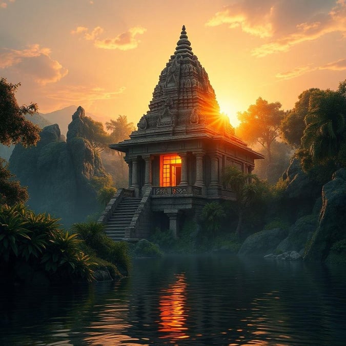 A Hindu temple nestled in a jungle setting, with the sun casting a warm glow over the scene.