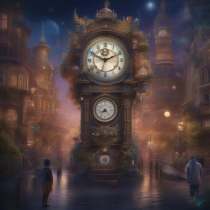 This fantasy clock wallpaper is perfect for kids and cartoon lovers. The image features a large, ornate clock with a face that looks like it's made of stone or metal, surrounded by intricate carvings and details. The clock is set against a backdrop of a fantastical landscape, complete with rolling hills, towering trees, and a bright blue sky. The overall effect is one of wonder and magic, making this wallpaper perfect for anyone who loves fantasy and adventure.