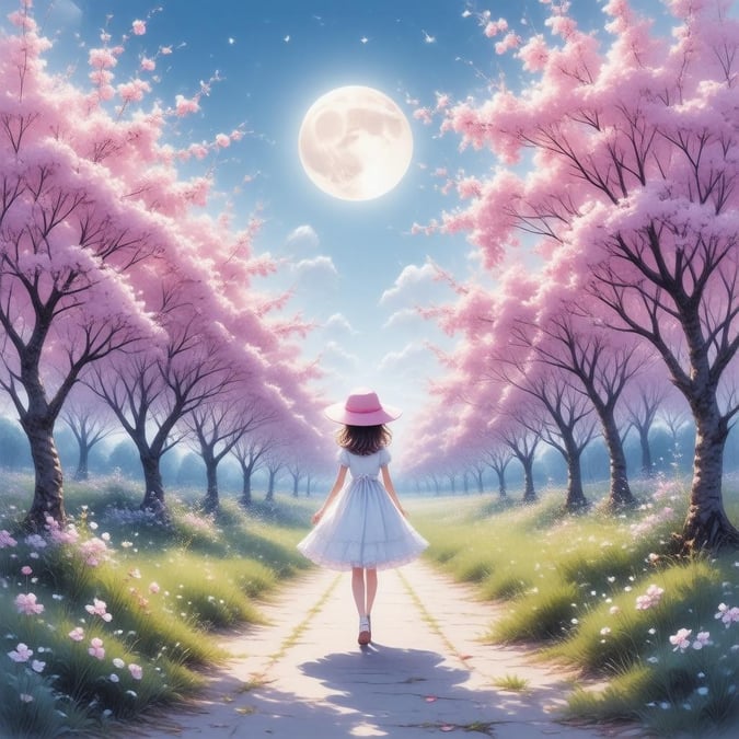 Este papel de parede em estilo anime apresenta uma jovem em um vestido branco e um chapéu rosa caminhando por um campo de árvores de sakura em flor, com a lua cheia brilhando intensamente acima.