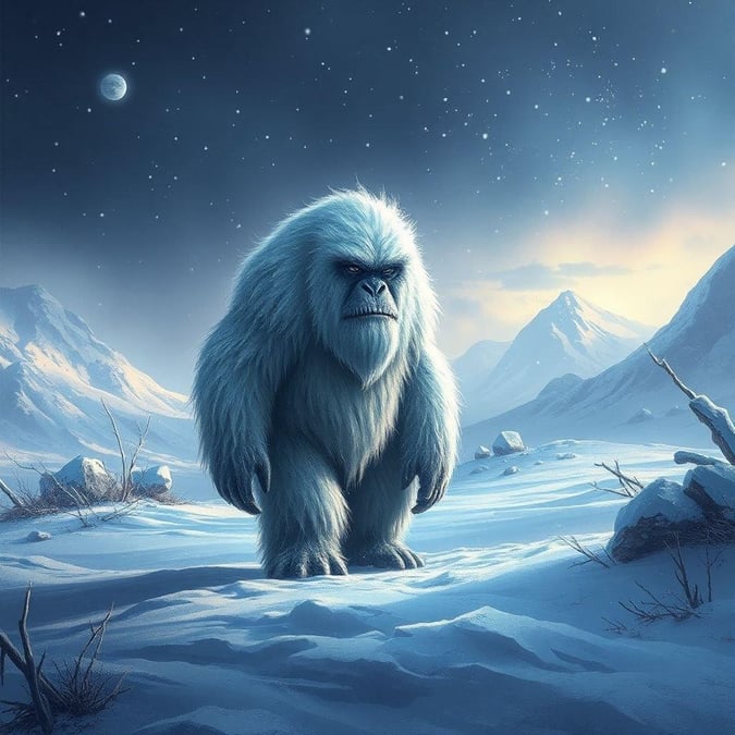 A grand, towering creature stands in the frozen landscape, embodying the raw power and grace of nature.