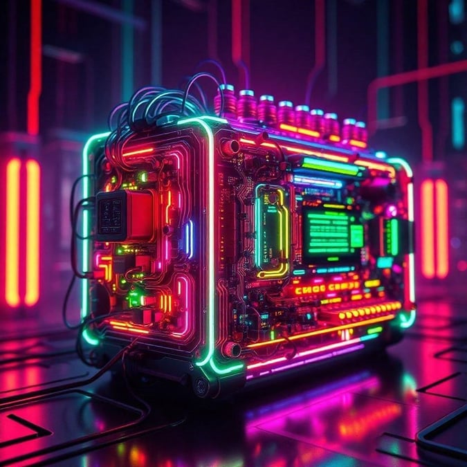 A vibrant, futuristic computer box with intricate circuit designs, pulsating in the heart of a neon-lit digital landscape. Perfect for those who live to merge music and technology.