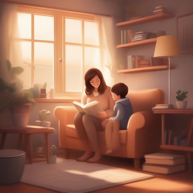 A heartwarming scene from Mother's Day where a mother is sharing a story with her child, creating cherished memories. The cozy living room setting adds to the warmth and comfort of this special day.