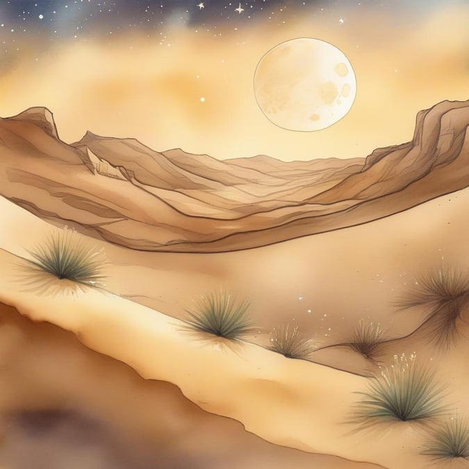 Capture the serene beauty of the desert at night, with a full moon casting its glow over rocky formations and scattered vegetation. Ramadan & Eid celebrate the monthly cycles of the moon, making this image perfect for the holiday season.