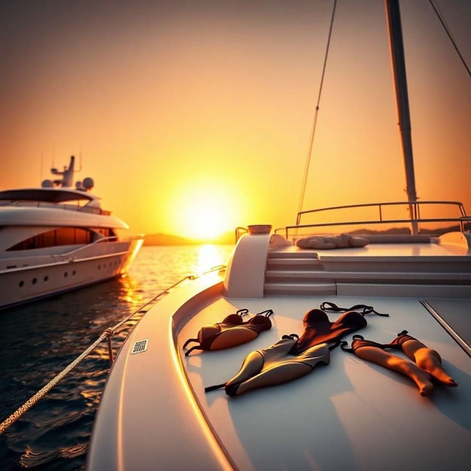 A stylish woman relaxes on the deck of her yacht as the sun sets, creating a serene evening scene.