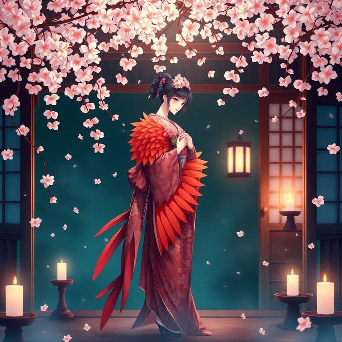 Bu anime geisha illüstrasyonunun huzurlu güzelliğine, narin kiraz çiçekleri ve yumuşak mum ışığı arasında dalın. Sakin çay evi, geishanın canlı kırmızı ve turuncu tüyleri için huzurlu bir arka plan sağlar ve rahatlama ve düşünceye davet eden büyüleyici bir sahne yaratır.