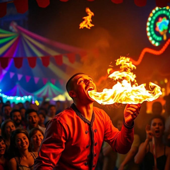 A flame-wielding performer at a nighttime carnival event, demonstrating his daring skills to an enthralled crowd.