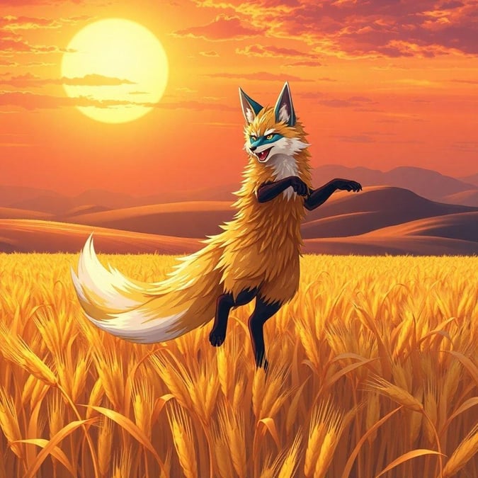 This enchanting anime illustration features a fox spirit dancing through a field of golden wheat, its fur a kaleidoscope of yellow and orange, with a blue face and a red tongue, set against a warm sunset sky. The scene is a captivating blend of fantasy and reality, with the fox as the focal point, creating an enchanting image.