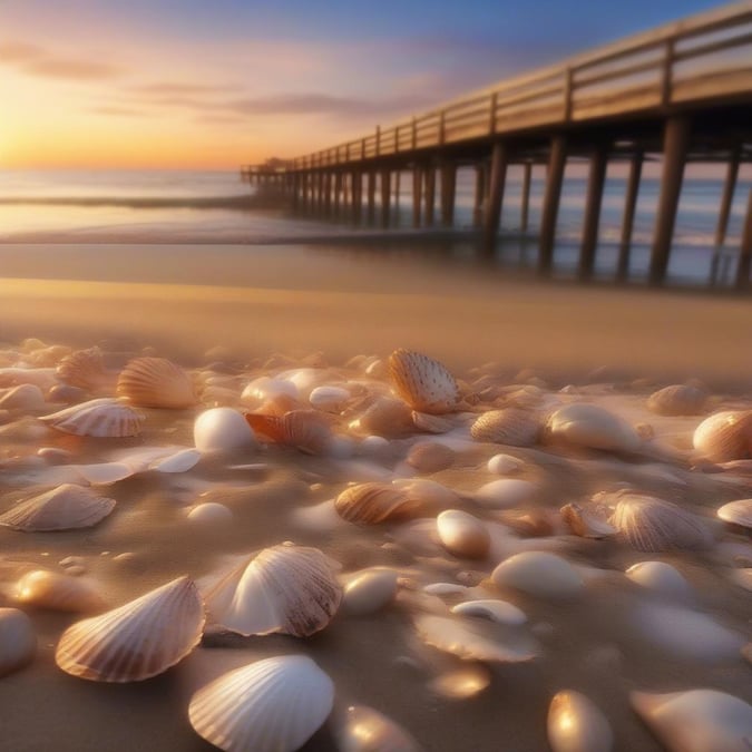 A picturesque sunset at a pier. Shells are scattered along the beach, making for a romantic and serene setting.