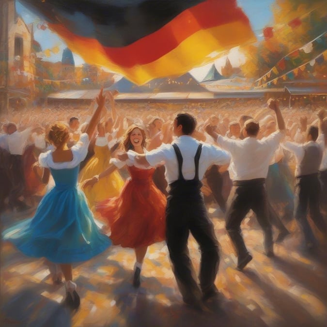 A lively depiction of the bustling Oktoberfest, with people dancing to music and the German flag proudly waving in the background.