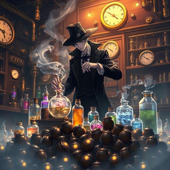 Entrez dans un monde de fantasy et de magie avec ce fond d'écran captivant d'alchimiste anime. L'alchimiste énigmatique, vêtu de noir et de blanc, est entouré d'un laboratoire inspiré du steampunk rempli de potions et d'équipements mystérieux. L'atmosphère brumeuse ajoute une touche de mystère à la scène, la rendant parfaite pour les fans d'anime et de fantasy. Laissez libre cours à votre imagination en explorant les détails complexes de cette illustration numérique.