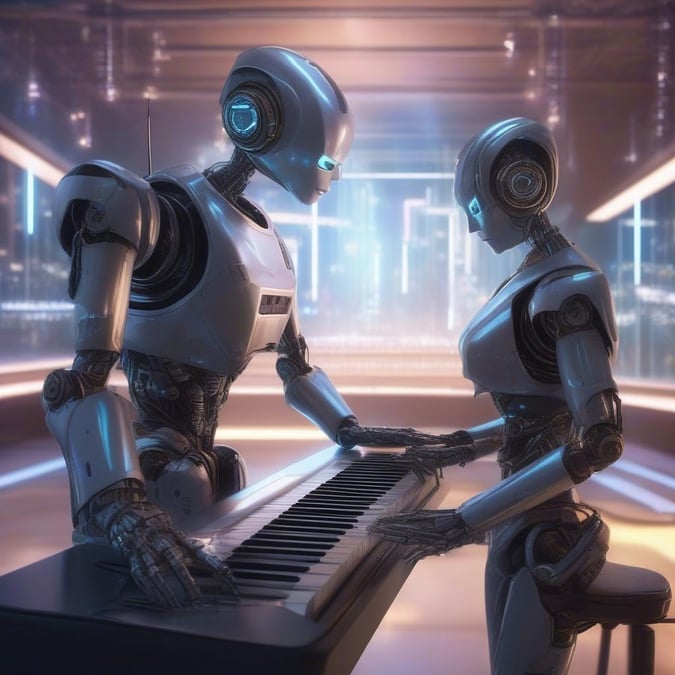 Two humanoid robots share a musical moment, one playing the piano while the other watches attentively.