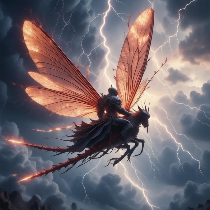 This wallpaper features a striking anime image of a warrior riding a dragonfly amidst a stormy sky, with lightning bolts illuminating the dark clouds.