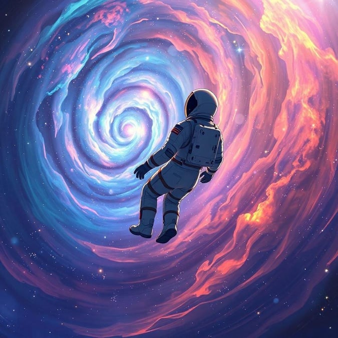 Ce fond d'écran époustouflant présente un astronaute solitaire flottant en apesanteur, entouré d'un vortex tourbillonnant de nébuleuses colorées et d'étoiles. L'astronaute est légèrement positionné à droite du centre, faisant face à gauche, le dos tourné vers le spectateur. Le vortex crée une illusion d'espace infini, la vastitude de l'espace renforçant l'immensité de la scène.