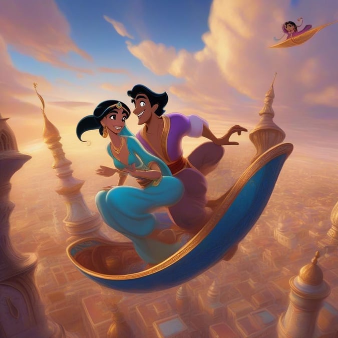 Prince Aladdin and Princess Jasmine soar through the skies on a magic carpet, their love story captured in this stunning wallpaper.