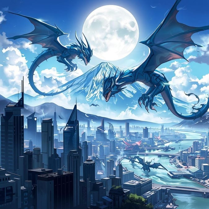 Experience the thrill of a futuristic city under siege by giant mechanical dragons in this captivating anime wallpaper.