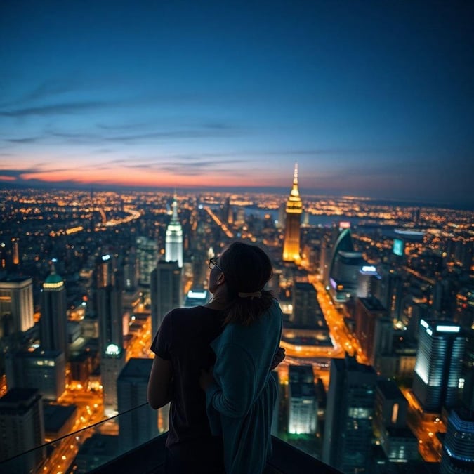 Couple sharing a romantic moment while overlooking the city skyline at sunset.