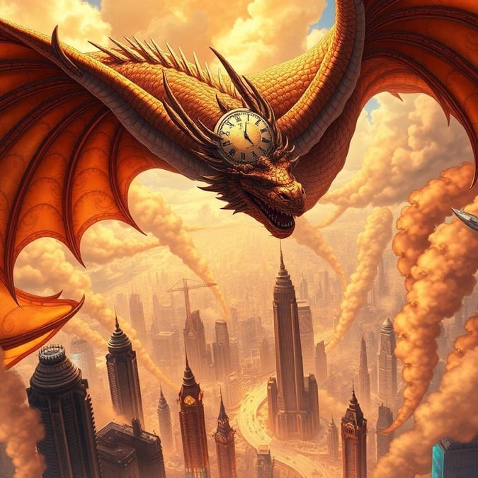 Immerse yourself in the captivating world of steampunk fantasy with this stunning wallpaper featuring a majestic dragon soaring over a cityscape. The intricate patterns on the dragon's body and the clock adorning its head create a sense of wonder and magic, while the warm orange and yellow hues evoke a sense of motion and power.