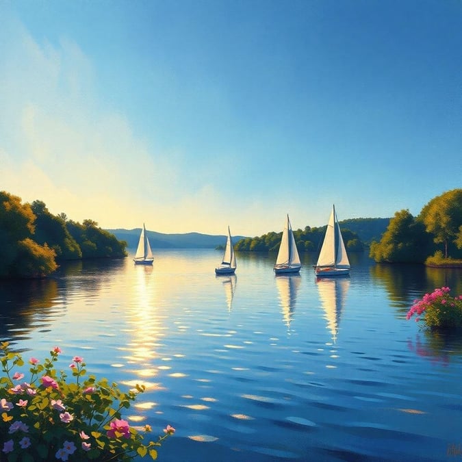 Casual, relaxed scene of multiple sailboats gently floating at sunset on a serene lake, with lush green trees and a clear blue sky.