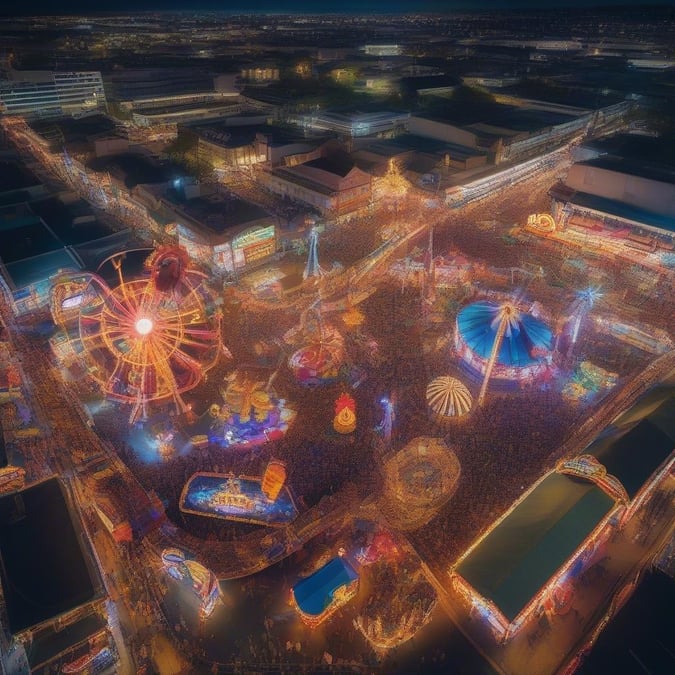 Lively lights fill the night sky, illuminating a bustling carnival full of bright rides and colorful attractions. This vibrant scene is perfect for turning any desktop into a festive spectacle.