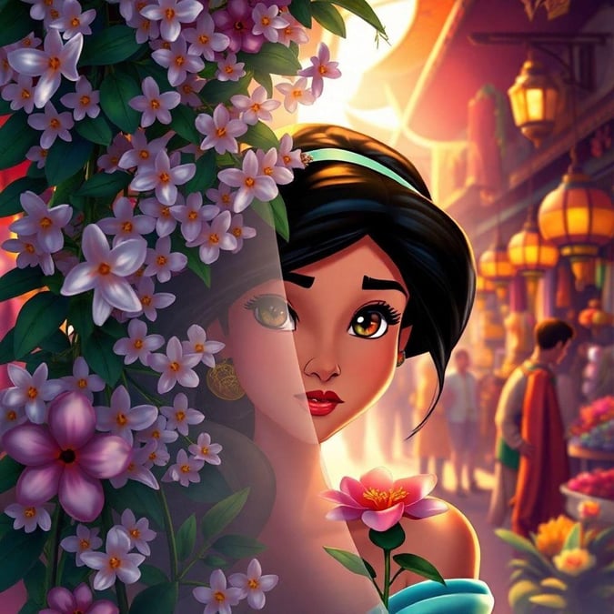 This charming scene captures Disney's Belle from 'Beauty and the Beast', immersed in a bustling floral market. The vibrant colors of the flowers and lanterns add to the lively atmosphere, while Belle's iconic attire is as enchanting as ever.