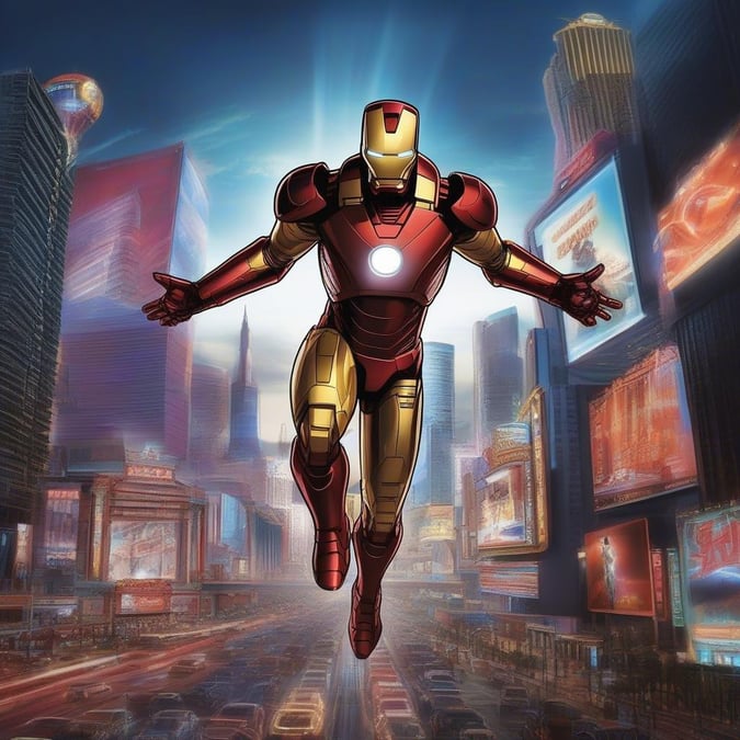 Tony Stark, aka Iron Man, soaring over the city streets at night. The Avenger icon takes flight amidst the neon lights of Times Square.