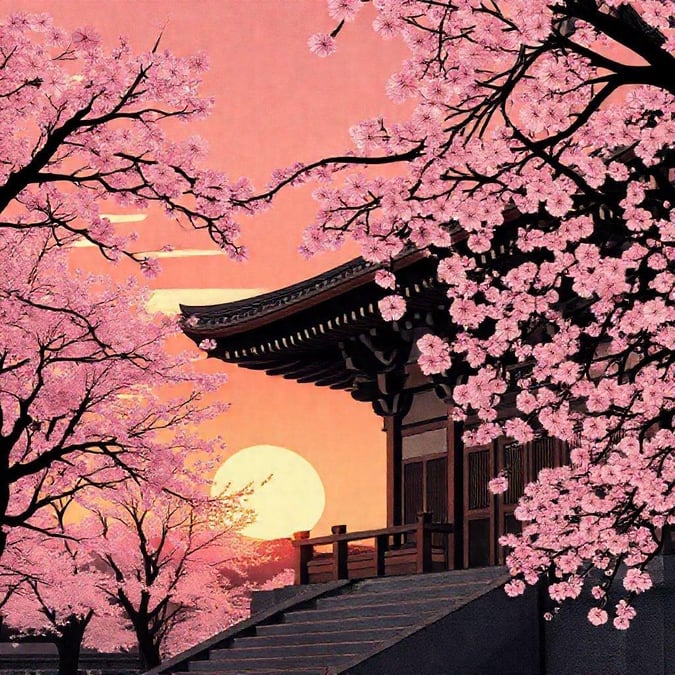 A serene scene of traditional Asian architecture with cherry blossoms blooming, captured during the soft glow of dawn. The tranquil setting invokes a sense of calm and reflective beauty.