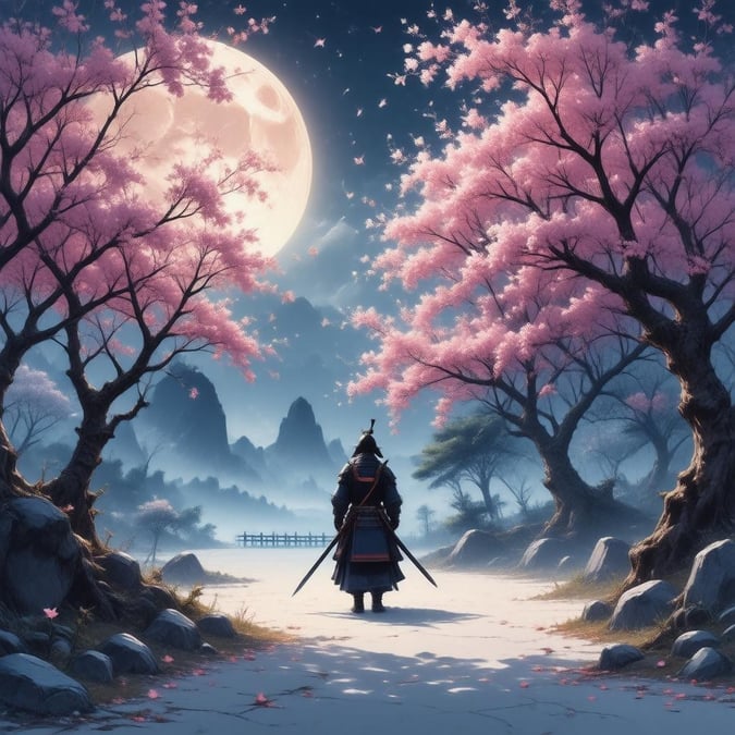 A tranquil nighttime scene from an anime setting, featuring cherry blossoms and a samurai standing watch. The serene atmosphere is accentuated by the full moon and stars twinkling in the clear sky.