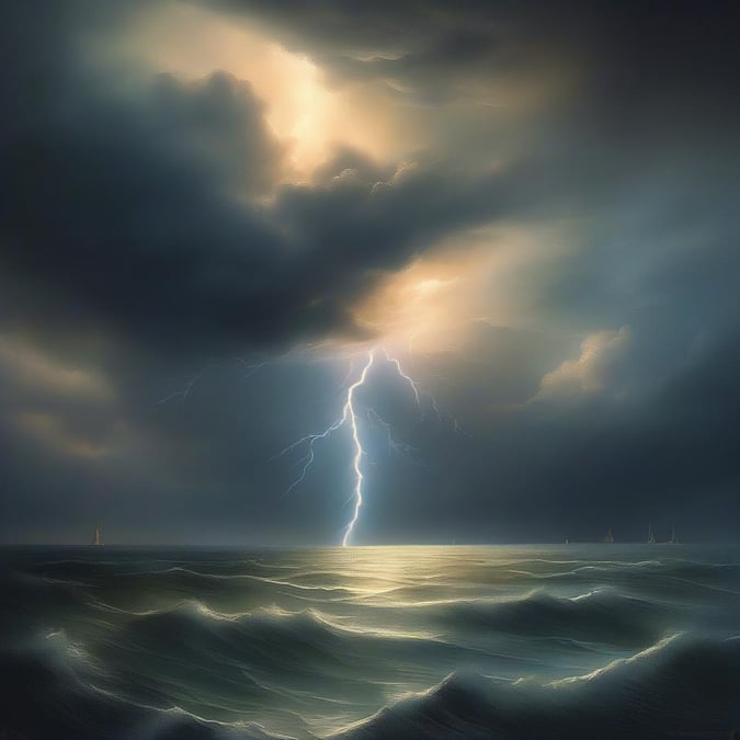 Casual tone: A dramatic sea scene with a lightning bolt striking the sky, emphasizing the power of nature.