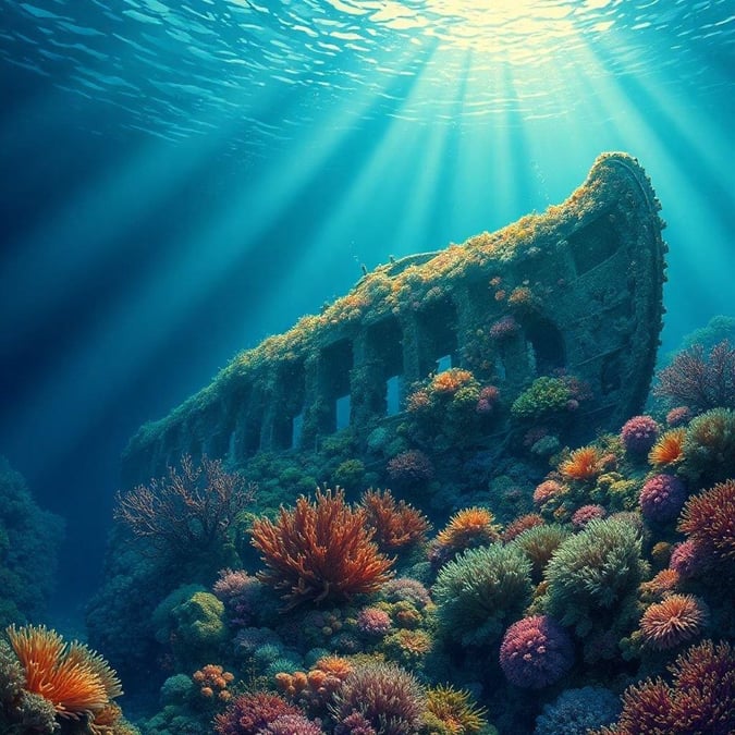 This stunning wallpaper captures the beauty of an underwater shipwreck, teeming with life and color. The vibrant coral and marine life surrounding the wreck create a breathtaking scene that is both fascinating and serene.