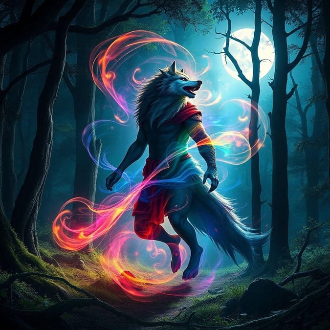 Experience the mystical allure of this wolf fantasy art. The majestic wolf, garbed in mystic robes and surrounded by an ethereal glow, navigates through a moonlit forest, casting a magical charm that transforms the ordinary into extraordinary.